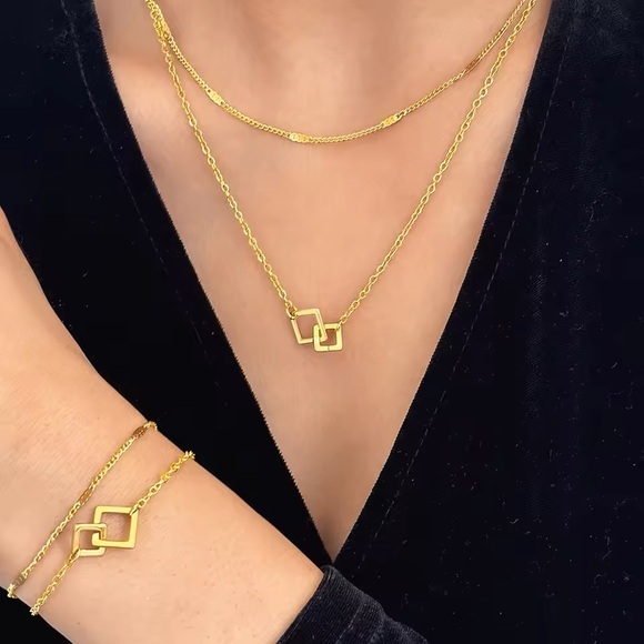 SIMPLE Classic Fashion Square Clasp Bracelet Necklace Double Chain Jewelry Set - Picture 1 of 3